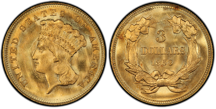 1863 Three-Dollar Gold Piece. MS-68 (PCGS).